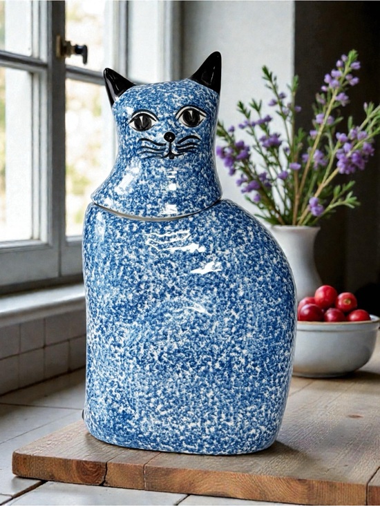 N.S. Gustin CO. Other - N.S. Gustin Co Blue Spongeware Porcelain Cat Cookie Jar